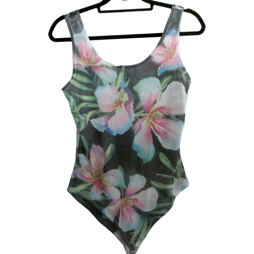 Gaze Black Floral Mesh Tank Bodysuit Small